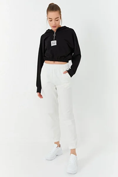 TOMMY LIFE Women's Black Crop Top Sweatshirt with Half Zipper and Hood - 97155