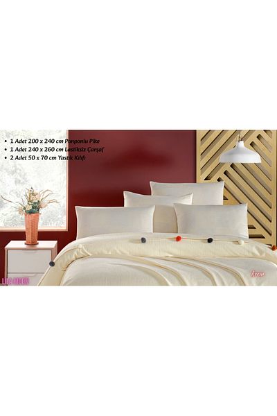 Beğenal Madam Marica Cream Colored Double Pompom Pique Set