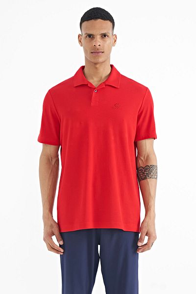 TOMMY LIFE Red Polo Neck Logo Embroidered Standard Form Men's T-shirt - 88237