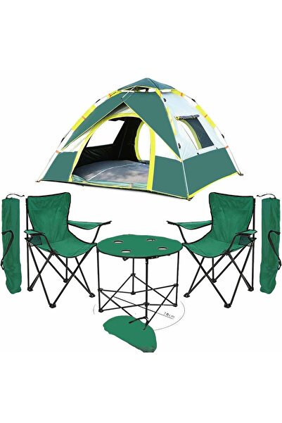 KS KampSeti Kampseti Yeşil 3 Kişilik Çadır - 2 Kamp Sandalyesi ve Masa Seti