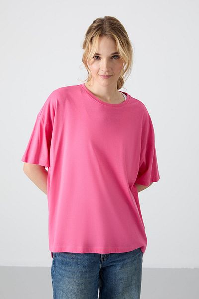 TOMMY LIFE Candy Pink Oversize Combed Cotton Modal Women's T-Shirt - Soft Button Basic Model - 97285