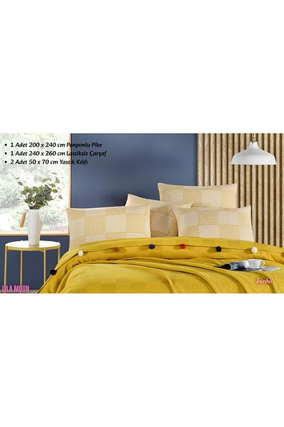 Beğenal Madam Marica Mustard Colored Double Pompom Pique Set