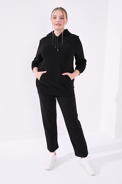 TOMMY LIFE Γυναικεία Μαύρη Φούτερ Plus Size - Άνετη Φόρμα, Τσέπες - 94017