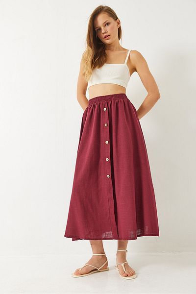 Bianco Lucci Women's Button Detailed Elastic Waist Short Lined Linen Skirt 60261391