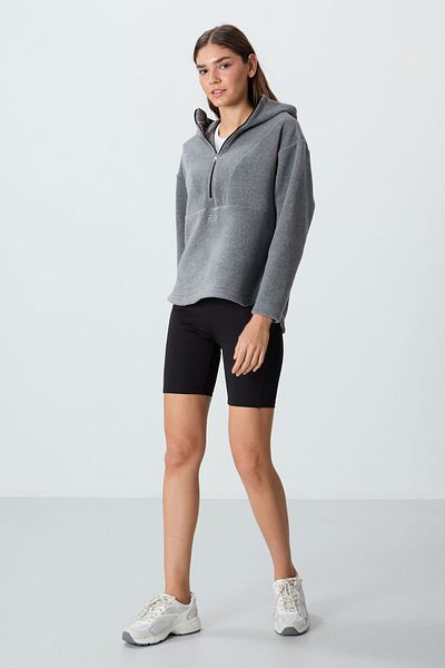 TOMMY LIFE Γκρι κεντημένο oversize φλις γυναικείο φούτερ - Χοντρή απαλή υφή και κουκούλα -97286