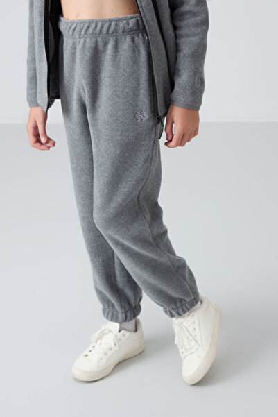 TOMMY LIFE Gri Melanj Kalın Yumuşak Dokulu Standart Fit Nakışlı Polar Kız Çocuk Eşofman Alt - 75155