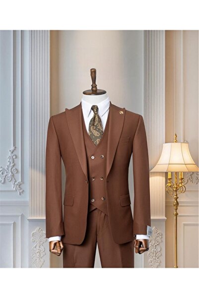 Butik Erkek Kahverengi Basic italian Style Slim fit Dar Kesim Sivri Yaka Takı...
