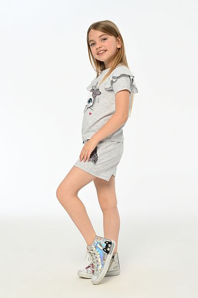 LupiaKids Cat Printed Girls' 2-Piece Set - Short Sleeve T-Shirt & Shorts - Gray Comfortable Summer Set