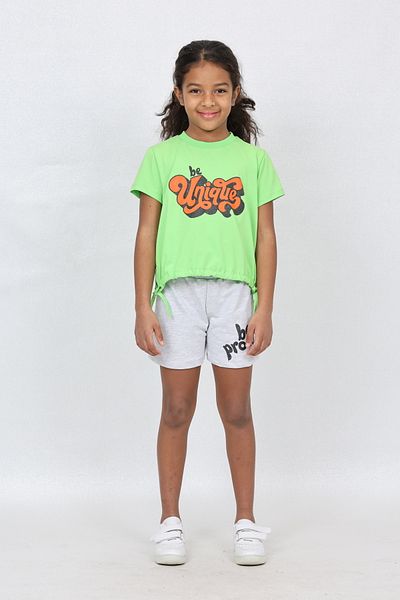 LupiaKids Text Printed Girl's 2-Piece Set - Side Lace-Up T-Shirt & Shorts - Green & Gray Summer Comfortable Combination