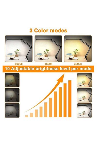 COOYA LED Desk Lamp with Clamp, 3 Lighting 10 Brightness,360 Degree Spin Light with Memory Function(Black)