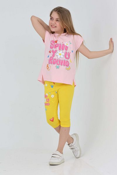 LupiaKids Floral and Text Printed Girl's 2-Piece Set - T-Shirt & Leggings - Pink & Yellow Summer Comfortable Combination