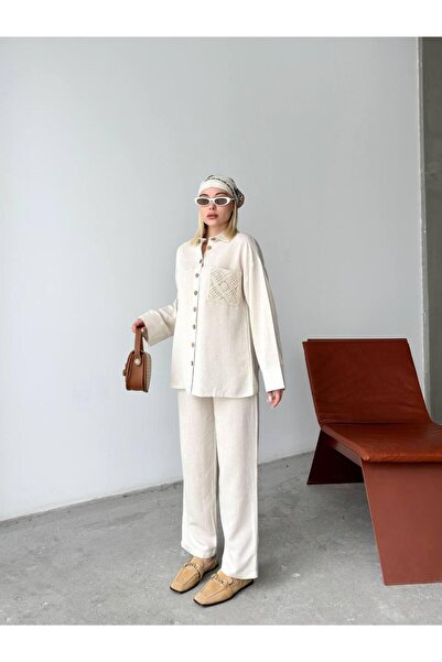 LE CARAMBOLE Women's Cream Pocket Lace Detailed Shirt and Pants Two Piece Set