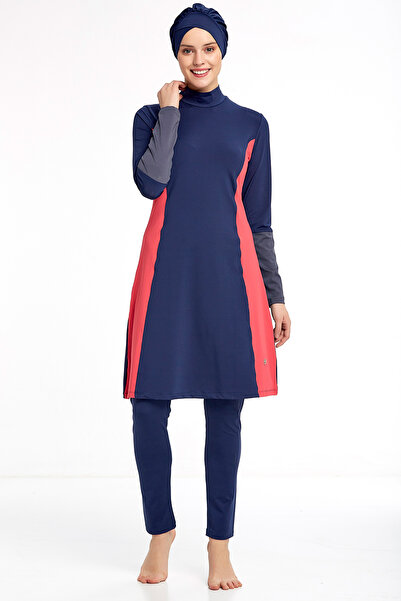 Elit Kadın Lacivert Desenli Büyük Beden Tam Kapalı Tesettür Mayo