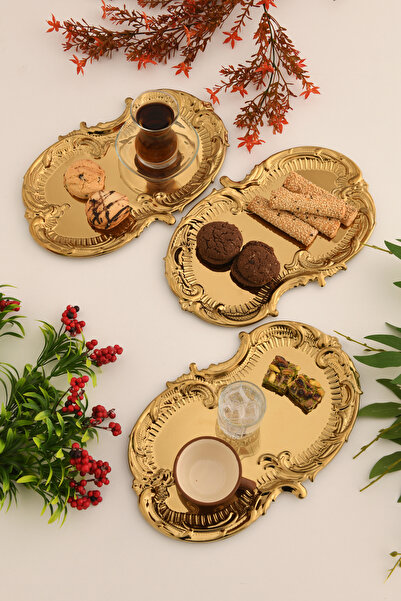 AKSESUAR EVRENİ Silen Paslanmaz Bulut Model Sunum Tepsisi Gold 3 Lü Takım