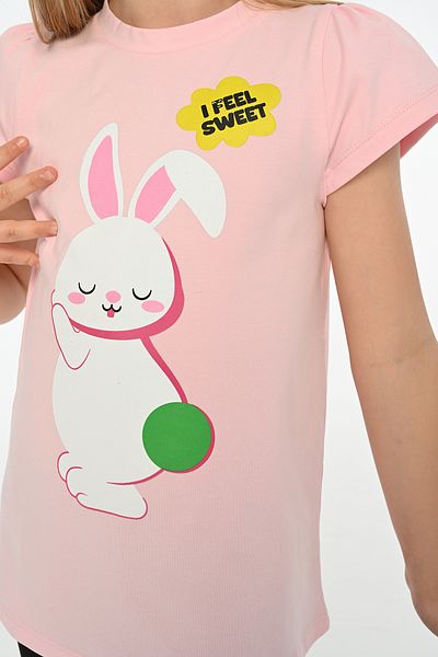 LupiaKids Rabbit Printed Girls' 2-Piece Set - Short Sleeve T-Shirt & Leggings - Pink & Black
