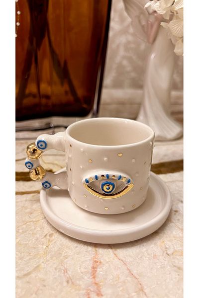 Port Aksesuar White Twist Handle Evil Eye Designed 24K Gold Decorated Handmade Ceramic Cup Set 120 ml