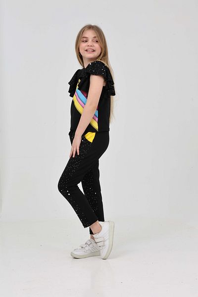 LupiaKids Star Printed Girl's 2-Piece Set - Ruffled Sleeve T-Shirt & Trousers - Black Summer Comfortable Combination