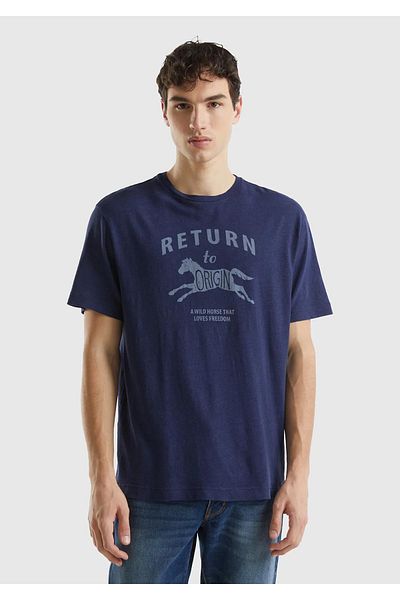United Colors of Benetton Ανδρικό T-Shirt με λινό σκούρο Navy - Crew Neck