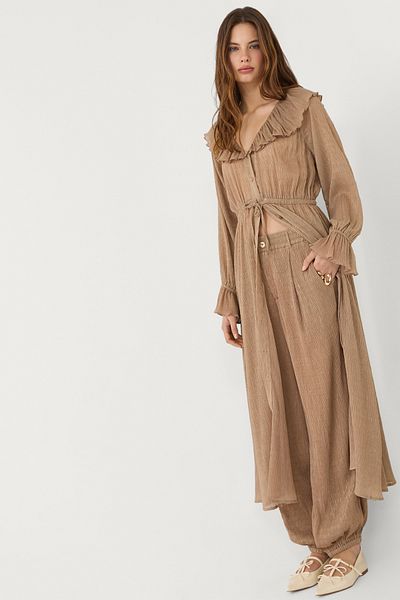 Stradivarius Long Ruffled Blouse With Metallic Thread Limited Edition