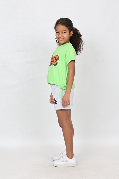 LupiaKids Text Printed Girl's 2-Piece Set - Side Lace-Up T-Shirt & Shorts - Green & Gray Summer Comfortable Combination