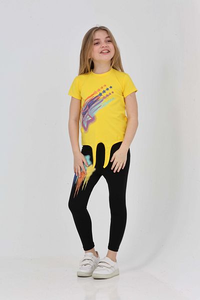 LupiaKids Guitar Printed Girl's 2-Piece Set - Short Sleeve T-Shirt & Leggings - Yellow & Black Summer Comfortable Combination