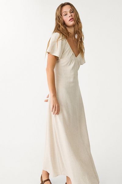 Stradivarius Flowing Linen Blend Midi Dress Limited Edition