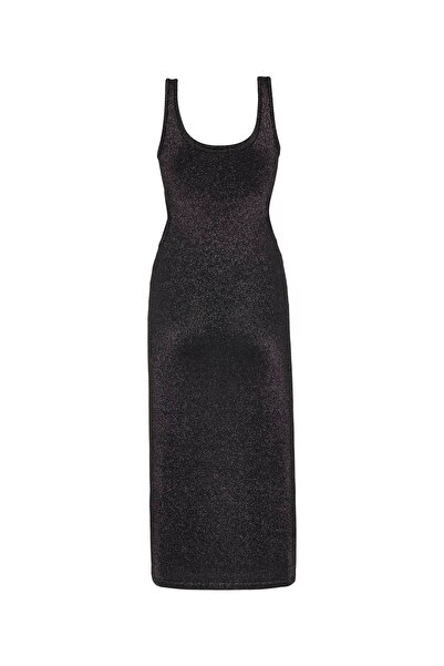 Beauty Omelette Siyah Yan Dekolteli Simli Triko Elbise