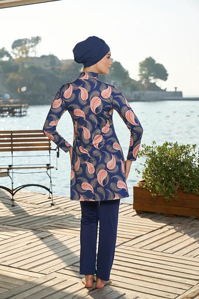 Estiva Costum de baie Hijab cu model de frunze acoperite pentru femei, albastru bleumarin