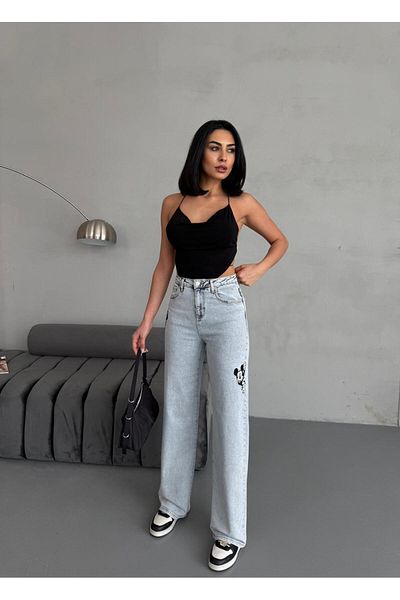Zeo Basic Lycra Wide-Leg Jean with Embroidered and Ripped Detail Snow Wash
