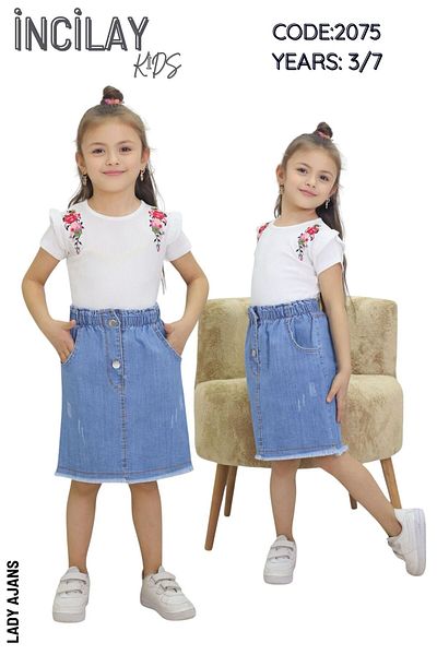 İncilay Kids İncilay 275-03-25 Girl's Knitted Flower Detailed Denim Effect Suit Age 3/7