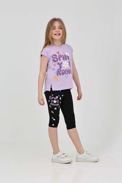 LupiaKids Butterfly Printed Girl's 2-Piece Set - T-Shirt & Leggings - Lilac & Black Summer Comfortable Combination
