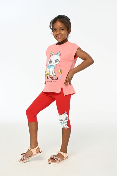 LupiaKids Cat Printed Girl's 2-Piece Set - Short Sleeve T-Shirt & Leggings - Pink & Red