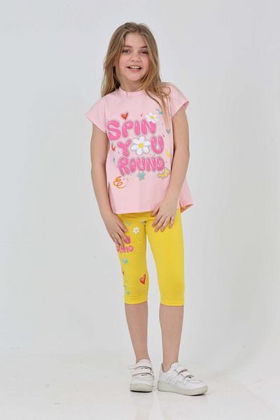 LupiaKids Floral and Text Printed Girl's 2-Piece Set - T-Shirt & Leggings - Pink & Yellow Summer Comfortable Combination