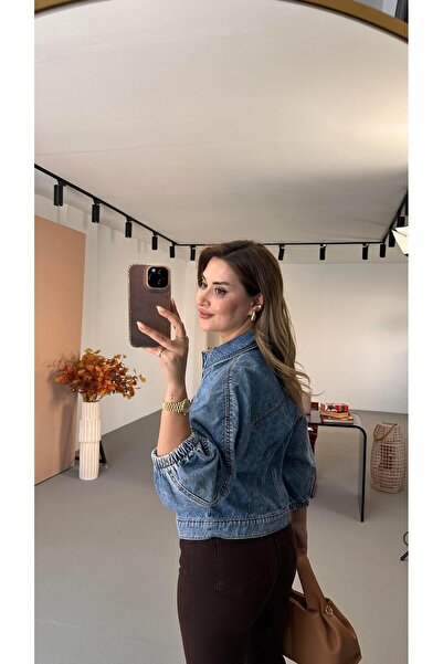 Sezgi Tekin Džínová bunda Premium Series Gold Button Detail Balloon Sleeve