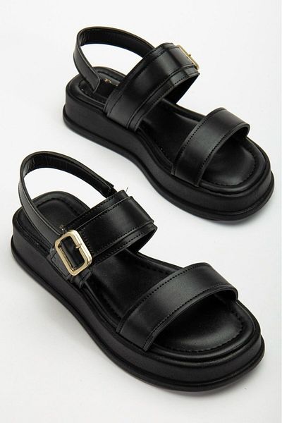 LUCY Sandale casual de damă, negre, cu curele duble, cu detaliu de cataramă - alegeți o mărime mai mică