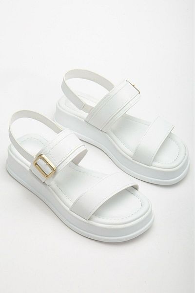 LUCY Shoes Women's White Double-Strapped Buckle Detailed Casual Sandals