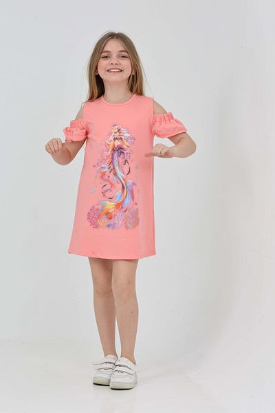 LupiaKids Mermaid Printed Girl's Dress - Pink Shoulder Detailed Summer Comfortable Dress