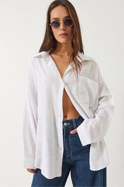 Bianco Lucci Women's Single Pocket Cotton Viscose Oversize Basic Shirt 4756 60261396
