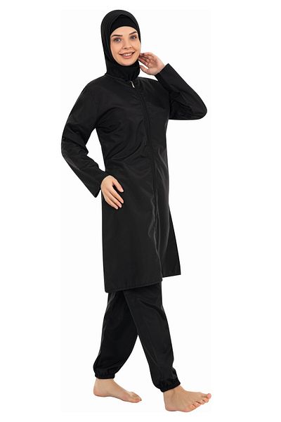 Elit Large Size Parachute 4-Piece Zippered Black Full Covered Hijab Swimsuit