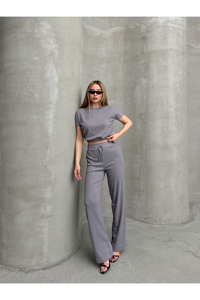 AFROGİYİM Women's Relaxed Fit Kimono Crop Bottom Top Set