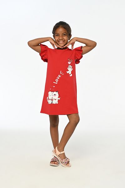 LupiaKids Cat Printed Girls' Dress - Red Short Sleeve Summer Comfortable Dress