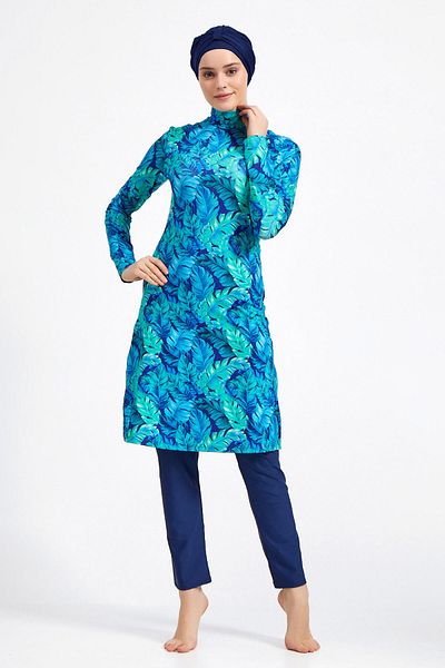 Elit Long Sleeve Lycra Fully Covered Hijab Swimsuit Blue Light Navy Blue