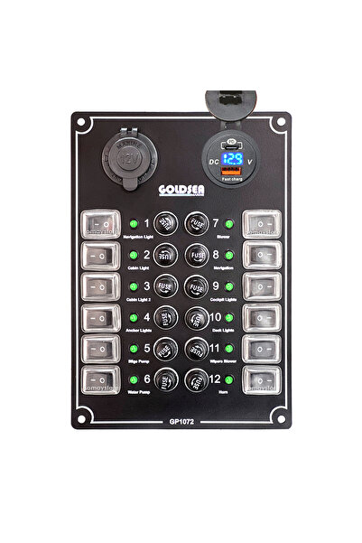 Somay Store Tekne Switch Panel Ekonomik 12 Anahtarlı Şarj Voltmetreli Usb-c Soketli 12-24v 148x215mm