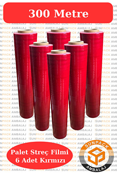 sunpack ambalaj Kırmızı Palet Streç Filmi 50cm x 300m - 23 Mikron, 6 Adet, Da...