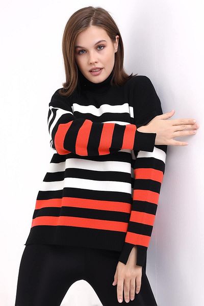 Irmak Kerekli Women's Black-Ecru-Orange Striped Turtleneck Sweater Tunic 1416
