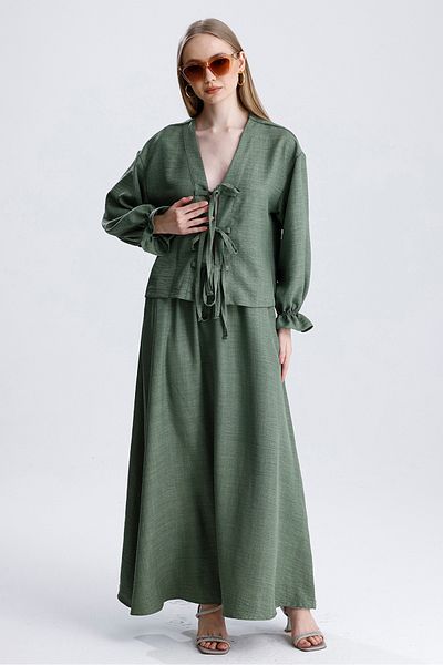 MD trend Women's Elastic Waist Pocket Bell Skirt and Tie-Up Blouse Double Linen Set