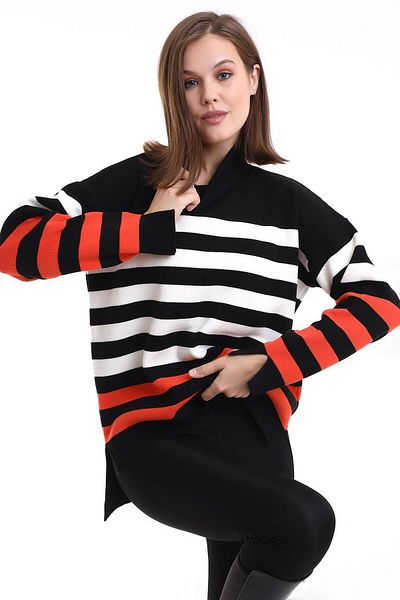 Irmak Kerekli Women's Black-Ecru-Orange Striped Turtleneck Sweater Tunic 1416