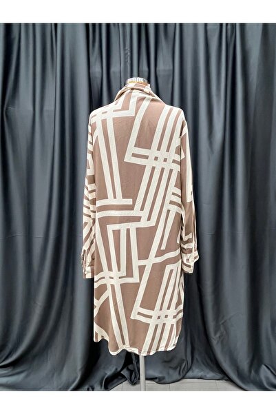 MODA Vizon Krem Desenli Viskon Battal Boy Tunik