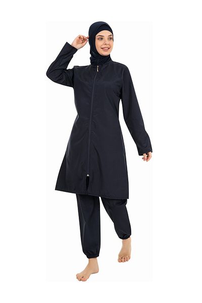 Elit Large Size Parachute 4-Piece Zippered Black Full Covered Hijab Swimsuit