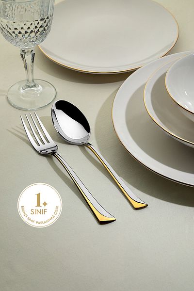Nehir Maxi Gold Satin 72 Piece Boxed Cutlery Set for 12 People